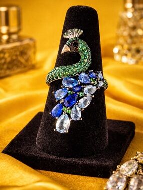 925 Sterling Silver Peacock Cocktail Ring Multi-Colored Rhinestone 7.8g Sz 7 DK
